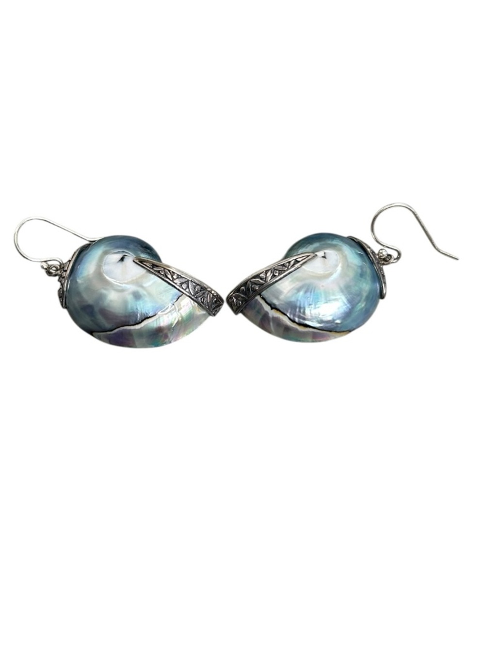 Samuel B Behnam 925 Sterling Silver Iridescent Blue Nautilus Shell Drop Earrings - Picture 7 of 8